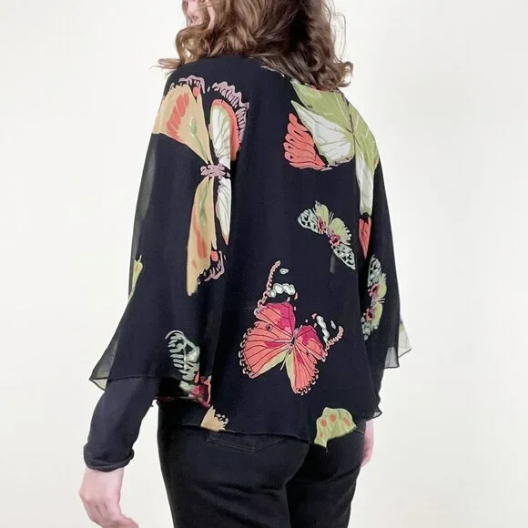 Vintage 90s Y2K Silk Poncho Top Sheer Butterfly Print Whimsical Blouse Tunic 00s - Picture 3 of 6